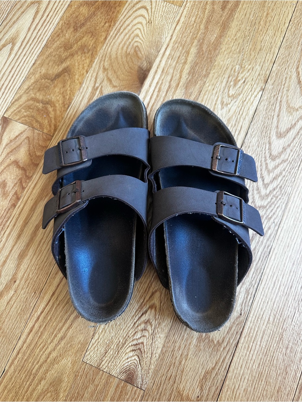 BIRKENSTOCK Double Strap Buckle Slides in Dark Brown